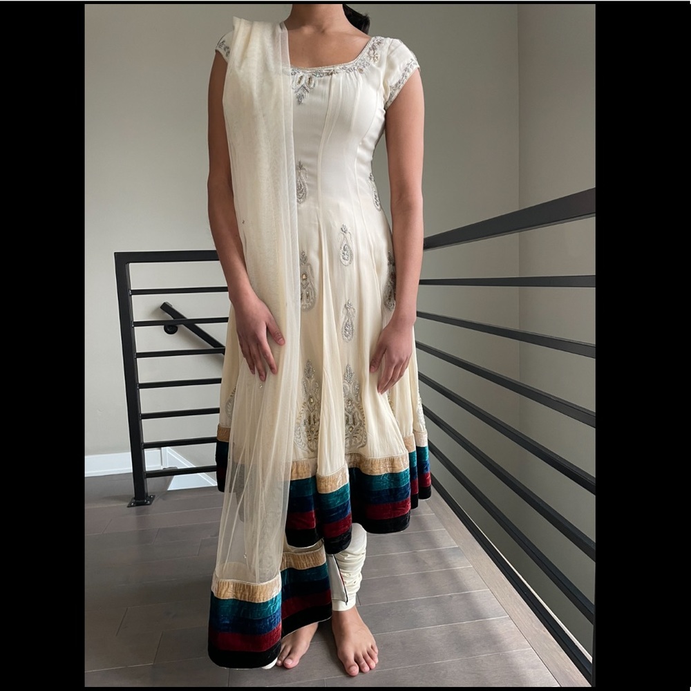 Cream salwar kameez with velvet detailing